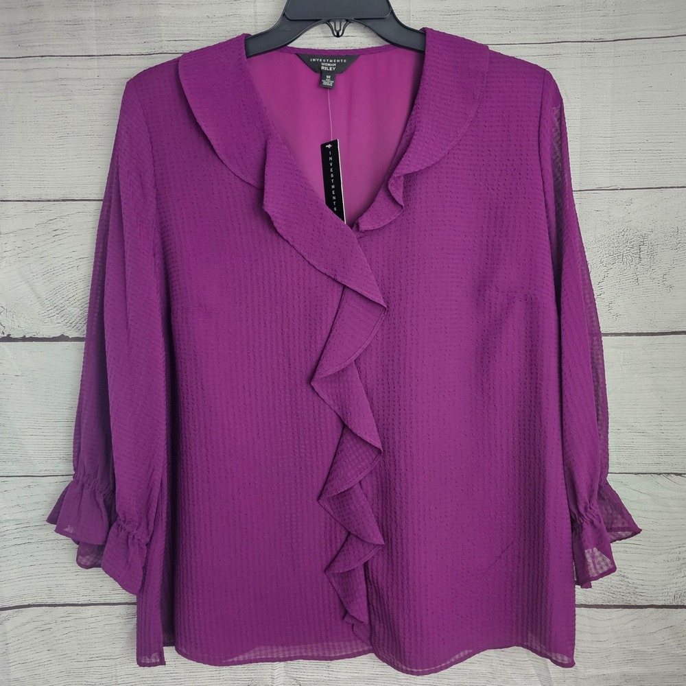 Investments Woman 1X Riley Purple Textured Ruffle V Neck Long Sleeve Shirt 1323